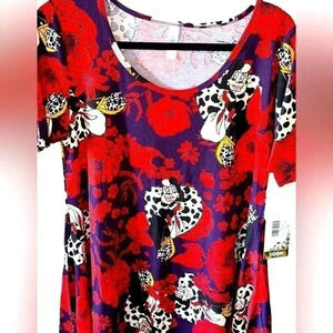 Lularoe Disney Med purple‎ & red floral Cruella Deville Perfect T. Swing style